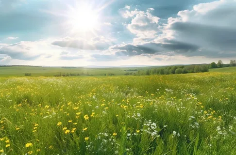 黄色花朵的绿色草地图像浅天蓝色摄影图