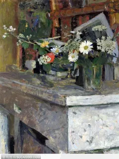 国外大师静物油画作品--放在台上的鲜花花瓶 国外大师静物油画作品--放在台上的鲜花花瓶