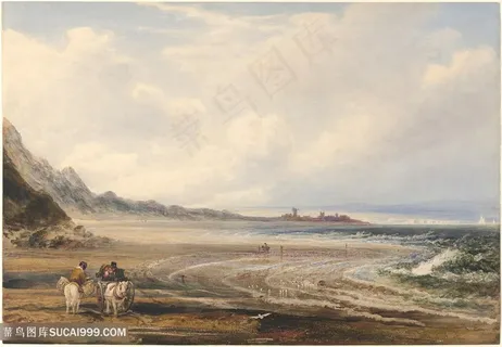 道路山脉骑马风景画油画