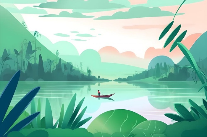 湖上划船绿色植物湖水水墨画背景