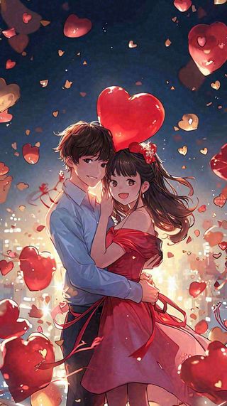 烟花中情侣在情人节的夜晚里拥抱亲吻，红色爱心气球爱情甜蜜