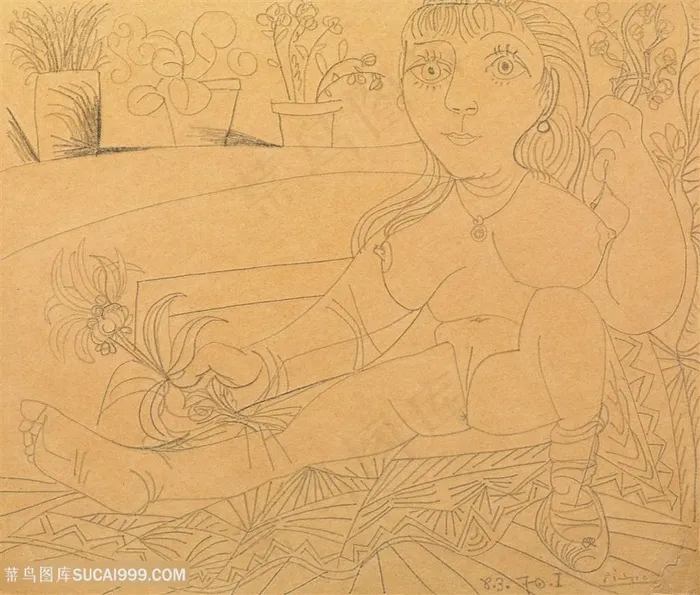 毕加索唯美线描女性场景图
