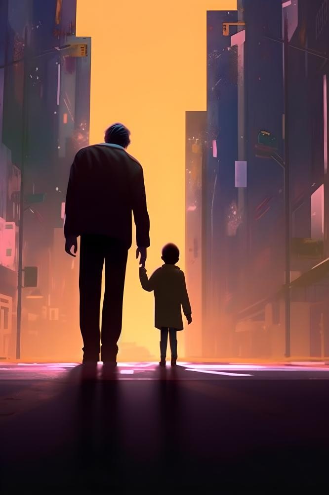 父亲和孩子亲情城市剪影背景