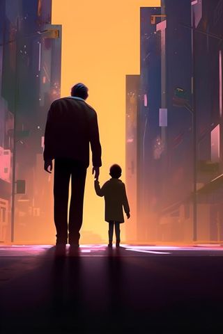 父亲和孩子亲情城市剪影背景