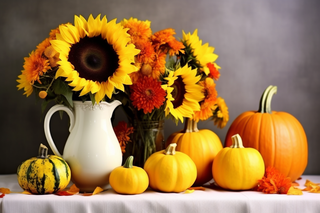 餐桌桌布上花瓶的向日葵菊花金黄色南瓜摄影图