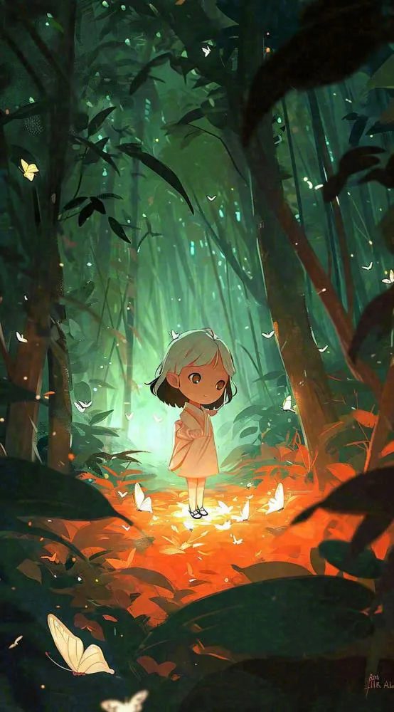 森林丛林夜晚女孩玩耍手绘插画，蝴蝶可爱(816x1472)