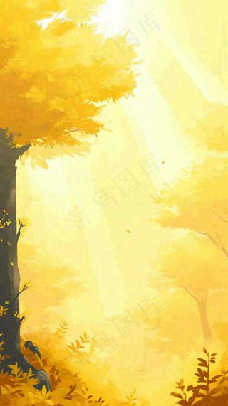 黄色树枝秋天秋叶落日阳光手绘插画，秋分