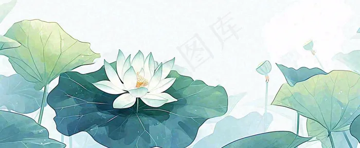 夏天荷花荷叶手绘绿色插画，夏至小暑大暑(1712x704)
