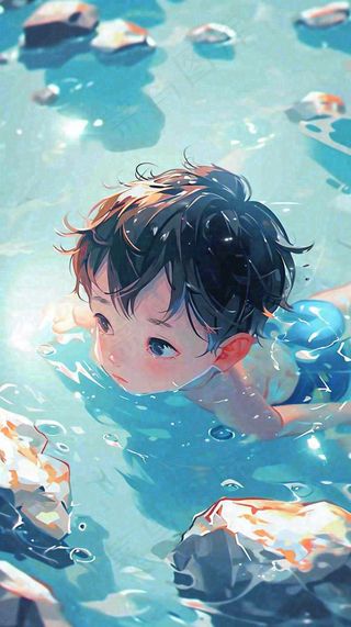 夏天儿童男孩水里游泳戏水，小暑大暑