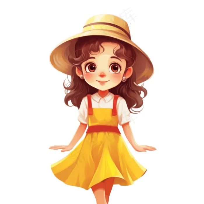 小女孩黄帽黄裙子人物插画免抠(1024x1024)