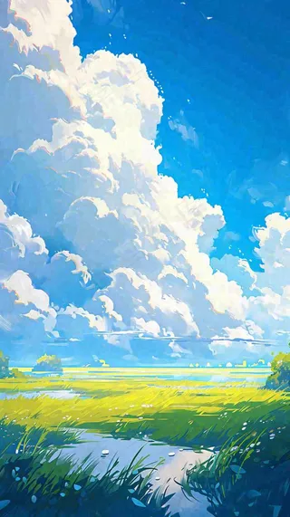 大自然湖面小溪草坪村庄蓝天白云，春天清新阳光