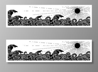 东方海洋海风暴波剪影宽屏壁纸矢量图