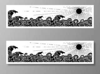 东方海洋海风暴波剪影宽屏壁纸矢量图