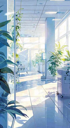 夏天明媚的阳光洒进办公室绿色的植物在办公室走廊上，线性插画手绘