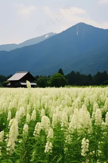 花丛深处人家村庄远山摄影图