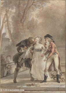 道路拉扯的男女装饰画手绘插画