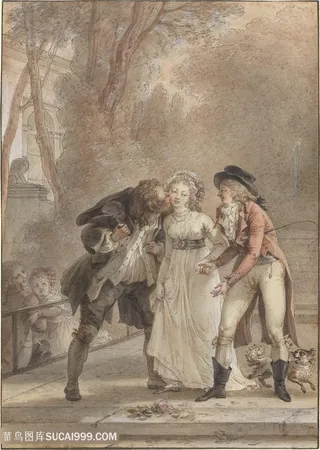 道路拉扯的男女装饰画手绘插画