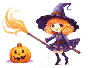 万圣节女巫蝙蝠南瓜卡通插画免抠
