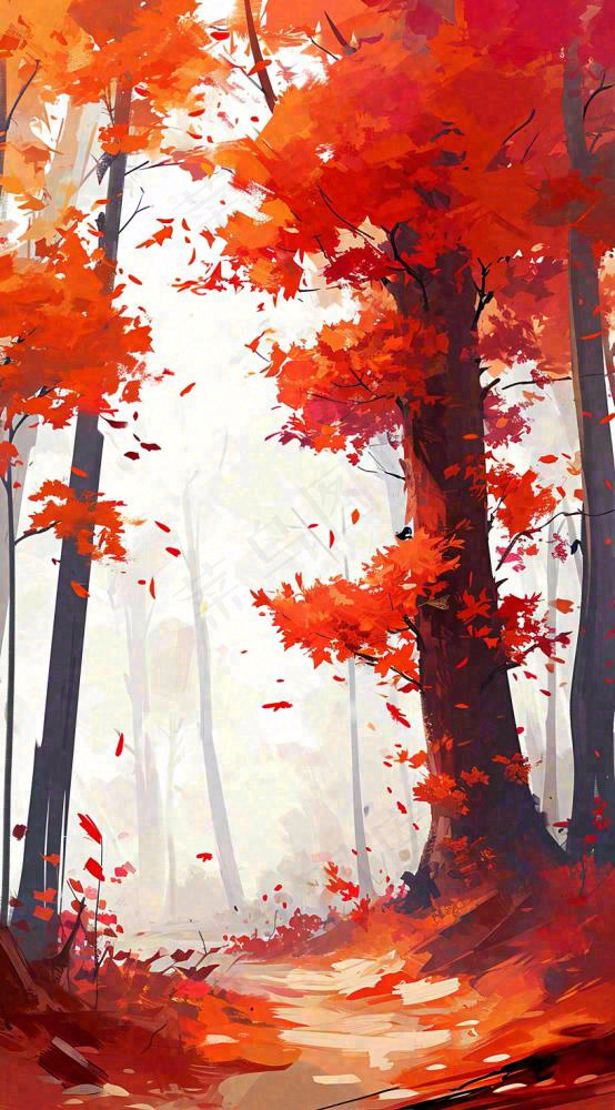 秋天红色秋叶树落叶温馨自然风景，立秋手绘插画(816x1472)
