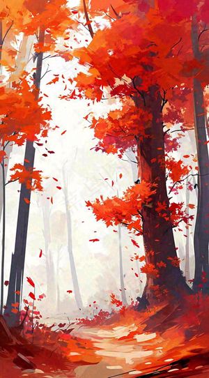 秋天红色秋叶树落叶温馨自然风景，立秋手绘插画