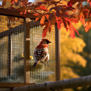 秋天笼子小鸟阳光落叶摄影图