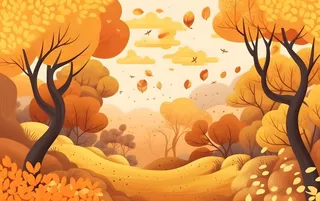 秋季森林树木金黄落叶背景