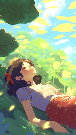 夏日乘凉的女孩躺着叶子上荷叶绿色海报背景