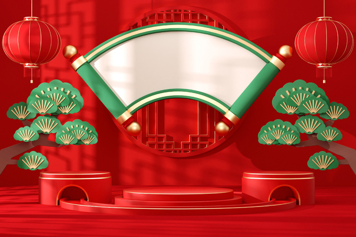 中国风古典喜庆C4D背景图3D国潮场景促销活动海报PSD设计素材模板