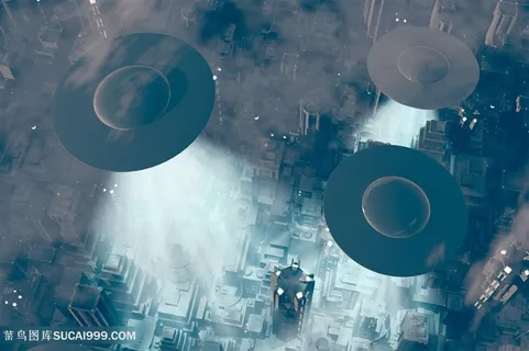 ufo飞行在城市上空高清图片
