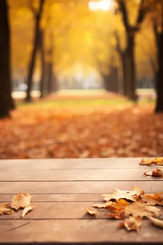 秋天的落叶落在公园*的一张木凳上摄影图