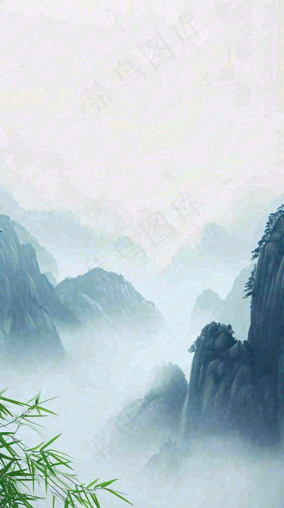 中国风云雾山脉意境竹叶山雾画插画(816x1456)