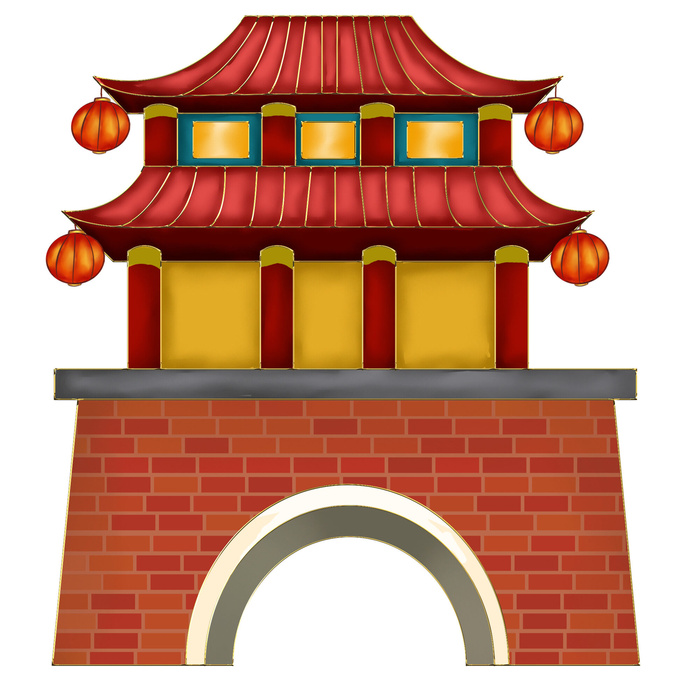 中国风复古式国潮门楼手绘城门插画牌楼建筑PSD素材png免扣图