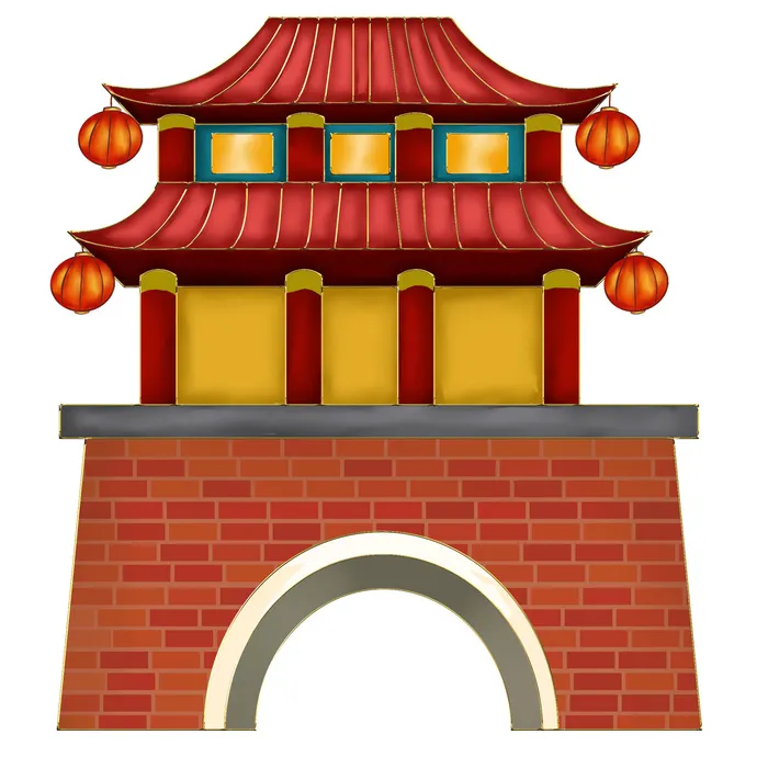 中国风复古式国潮门楼手绘城门插画牌楼建筑PSD素材png免扣图psd模版下载