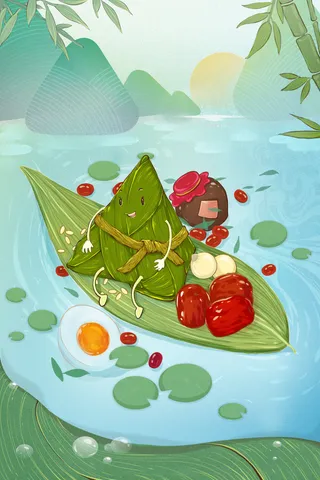 国潮风中国传统节日端午节赛龙舟粽子场景插画海报PSD设计素材