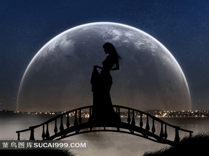 月夜下小桥上的美女