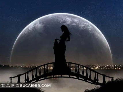 月夜下小桥上的美女