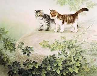 油画 小猫 风景 背景墙