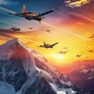 落日下的连绵山脉，飞机战斗机，冰川云海