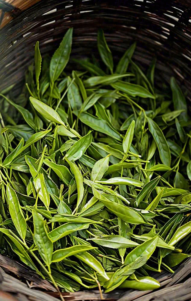 中国风，茶盆里的龙井绿茶茶叶摄影(759x1196)