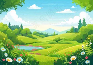 春日旅行草坪草丛花朵河流小溪野外郊游插画，春分