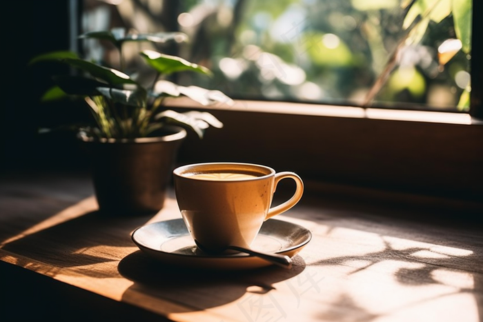 窗台上的咖啡杯阳光摄影图