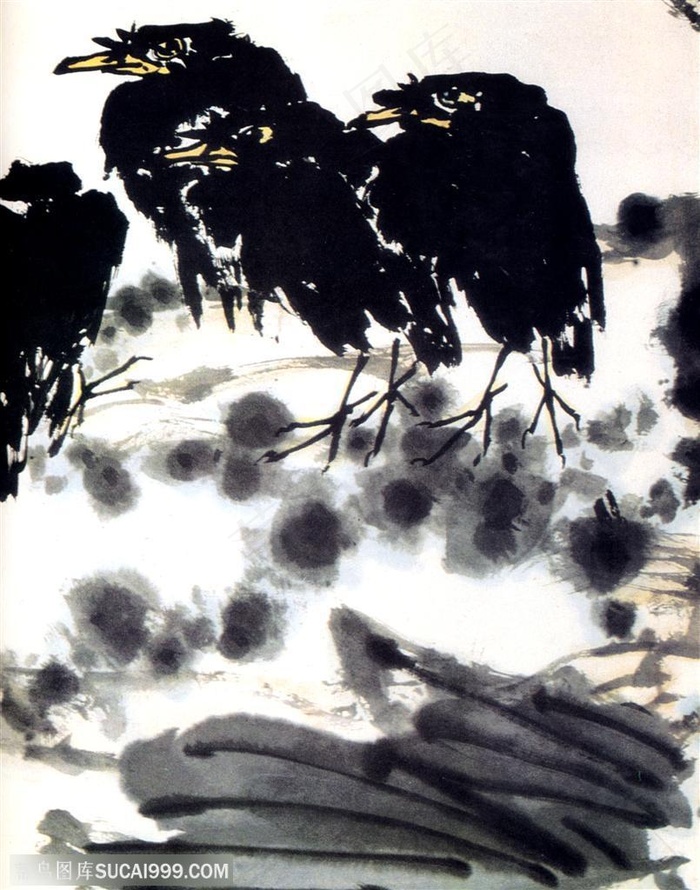 国画名家作品-潘天寿的八哥崖石 水墨