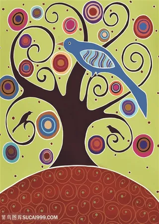 水彩树鸟高清装饰画