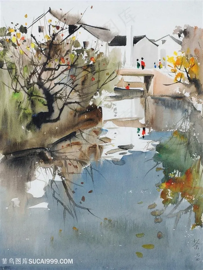 吴冠中手绘湖畔乡村房子美景装饰画