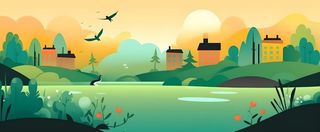 春夏森林山坡草地花草鸟绿植风景插画海报素材背景