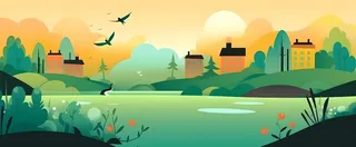 春夏森林山坡草地花草鸟绿植风景插画海报素材背景