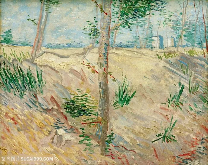 晴天田野里的树油画风景画