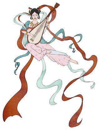 手绘国潮中国风古代敦煌神话飞天仙女美女古装人物插画PSD素材