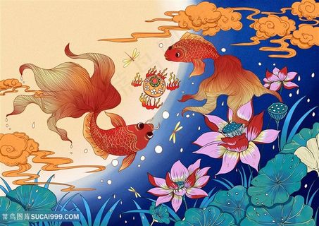 水中金鱼戏珠插画