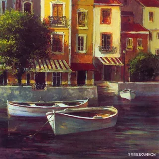 欧洲建筑木船油画风景画